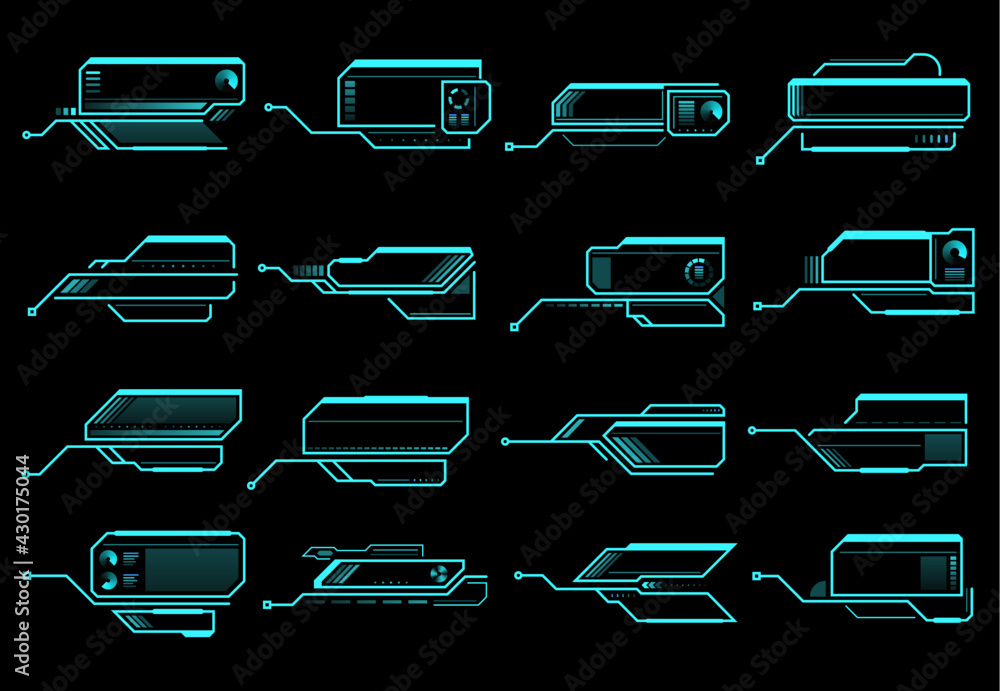 Aufkleber HUD callout titles, information call box bars and digital info boxes. Modern technology neon colored vector elements. Futuristic ui design for game or user app interface isolated on black background