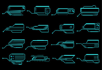 HUD callout titles, information call box bars and digital info boxes. Modern technology neon colored vector elements. Futuristic ui design for game or user app interface isolated on black background