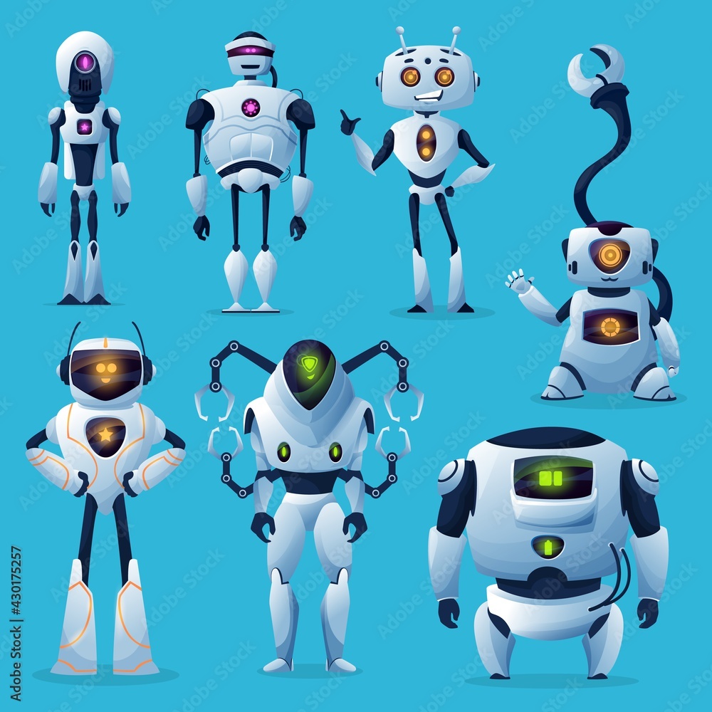 Aufkleber cute robots and bots, vector artificial intelligence and ai cartoon characters. white modern robot h