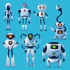 Cute robots and bots, vector artificial intelligence and ai cartoon characters. White modern robot helpers, androids, cyborgs and droids with manipulator arms, humanoid metal bodies and antennas