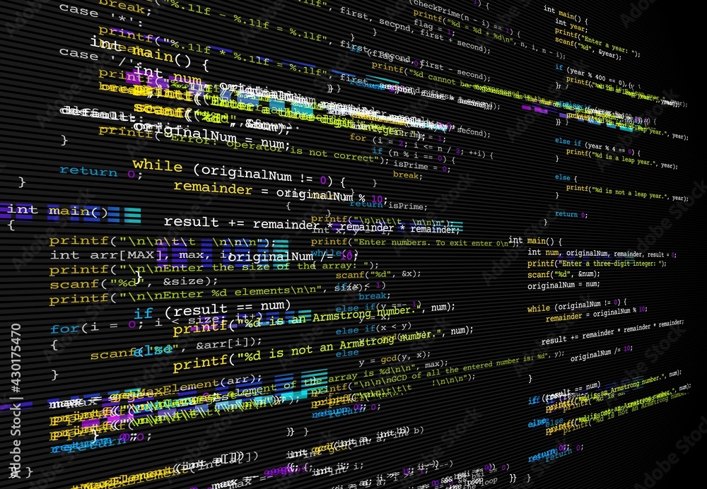 Leinwandbilder Program code glitch background, computer bug or software development problem. Vector backdrop with distorted program code line, screen pixels color noise. System error, hardware fail or hackers attack