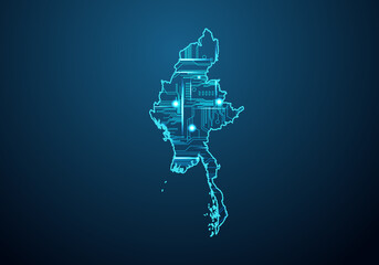 Abstract futuristic map of myanmar. Circuit Board Design Electric of the region. Technology background. mash line and point scales on dark with map.