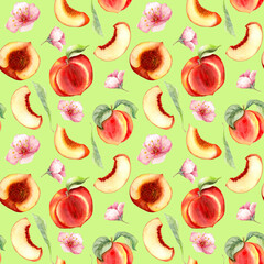 watercolor pattern with hand drawn peaches. Different type of pieces. Ideal for food packaging design