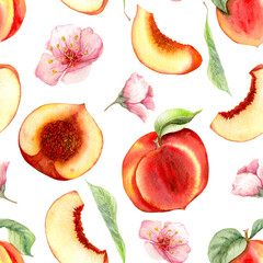watercolor pattern with hand drawn peaches. Different type of pieces. Ideal for food packaging design