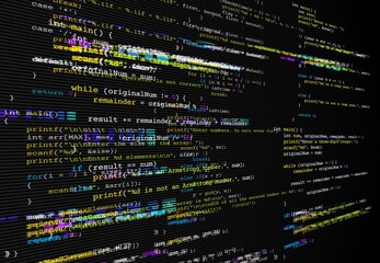 Program code glitch background, computer bug or software development problem. Vector backdrop with distorted program code line, screen pixels color noise. System error, hardware fail or hackers attack