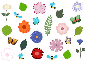 A set of flowers, leaves, bees, butterflies. Isolated