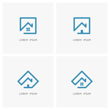 Home Outline Logo Set. House With Window, Front Door And Chimney On The Roof With Square And Pentagon Symbol - Realty, Real Estate And Building Icons.