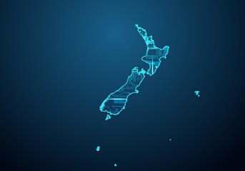Abstract futuristic map of new Zealand. Circuit Board Design Electric of the region. Technology background. mash line and point scales on dark with map.