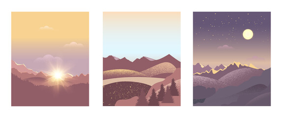 A set of posters with a landscape background
