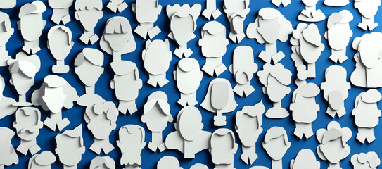Lots of people's faces made of paper. Paper cut design 3D render