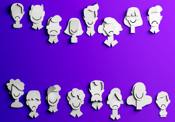 Lots of people's faces made of paper with space for text. Paper cut design 3D render