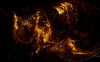 Fantastic abstract golden foil surface. Igneous particles, hearth or blazing gold. Far space, galaxies and big bang illustration. Fiery substance or matter. Red hot plasma or lava ejection.