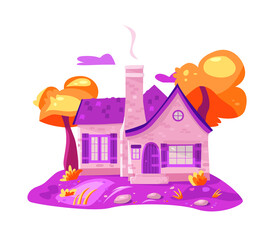 Vector illustration of an old cozy home. Country cartoon house in the village. Flat design.