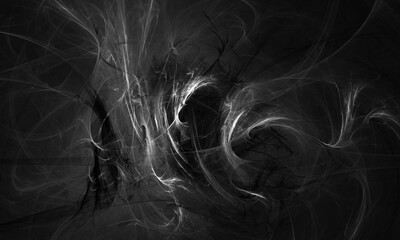Thick 3d smoke or incense floating in dark. Circulation of smog on black. Magical spirit in minimal digital monochromatic illustration. Great as design element backdrop blank or wallpaper. 