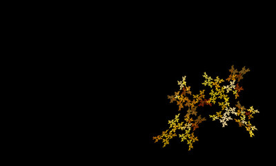 Golden floral composition isolated on black background. Metallic repeatable buds in bouquet or bush in corner. Abstract attractive poster great as fabric print or design template. Empty space. 