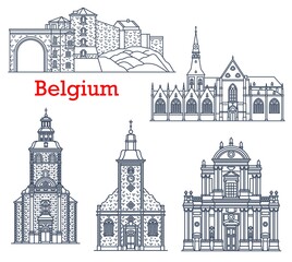 Belgium travel landmarks of Namur and Stavelot, vector cathedrals and churches architecture line icons. Belgium landmarks of Church of Our Lady in Hasselt, St. Quentin Cathedral and Namur citadel fort