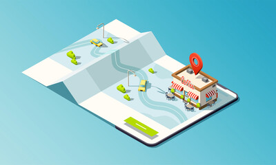 Isometric phone with map, coffee house and taxi car. 