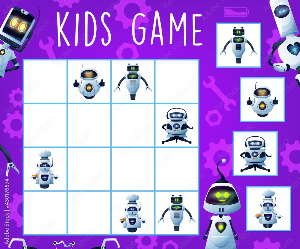Poster sudoku maze kids game with robots and droids, tabletop logic puzzle, vector. sudoku game for childre
