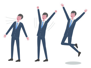 深呼吸、背伸び、ジャンプをする　スーツを着た男性