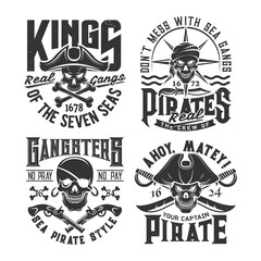 Pirates skulls with weapons t-shirt print template. Corsairs Jolly Roger flag symbols, apparel vector print with filibuster, privateer skulls, pistols and swords, crossed bones and vintage typography