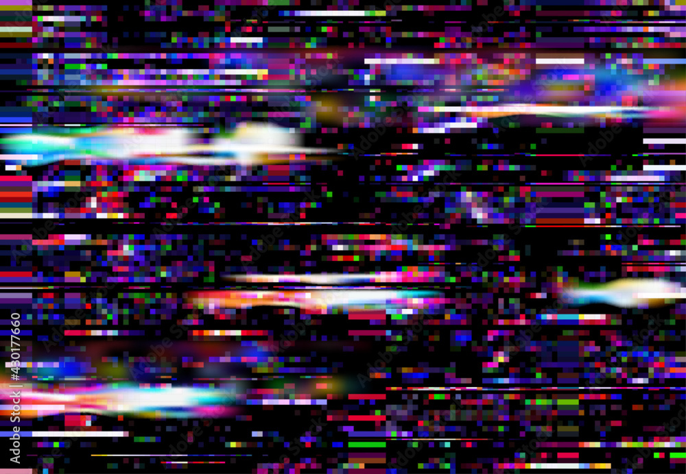 Poster Glitch screen background, TV signal loss or monitor fail. Square color pixels noise vector backdrop. Television broadcast fail, program error or bug, broken computer screen effect