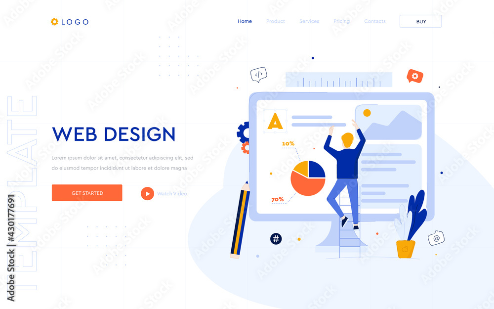 Poster web design concept website template. man creates website design. digital business illustrations