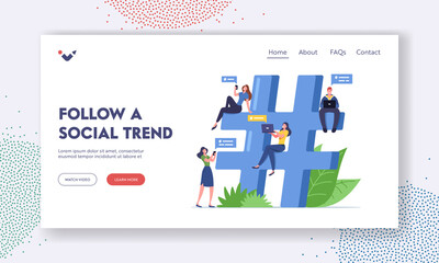 Follow a Social Trend Landing Page Template. Online Communication, Tiny Bloggers Characters with Gadgets Texting