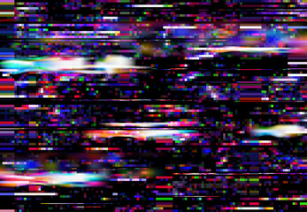 Glitch screen background, TV signal loss or monitor fail. Square color pixels noise vector backdrop. Television broadcast fail, program error or bug, broken computer screen effect