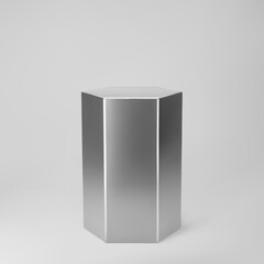 Silver 3d hexagon with perspective isolated on grey background. Hexagon pillar, chrome steel pipe, museum stage, pedestal or product podium. 3d geometric shape vector