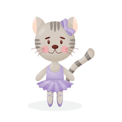 Happy cute cat, kitten character, ballet dancer in pointed shoes and tutu skirt, cartoon vector illustration isolated on white background. Little cat baby animal, ballet dancer, ballerina in tutu