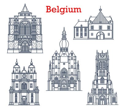 Belgium landmarks, cathedrals in Tongeren, Dinant and Diest city architecture. Belgium travel landmarks, Saint-Hubert church, Basilica of Our Lady, Collegiate Church and Herkenrode Abbey