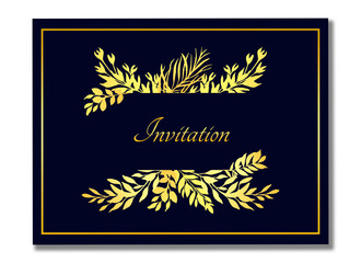 Wedding invitation card. With golden gradient leaves, palm leaves in a rectangular frame on a dark blue background. Congratulatory. Save the date