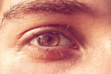 European guy's eye close up. part of the face macro. the eyeball is extremely close. Human pupil