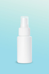 empty white plastic blow and spray bottle for cosmetics on blue background. Mockup