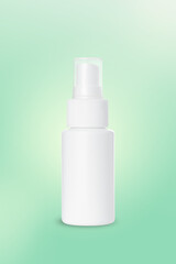 empty white plastic blow and spray bottle for cosmetics on green background. Mockup