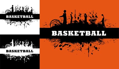 Basketball tournament grunge background with dirt or ink vector splatters or splashes, silhouettes of players jumping with ball, doing slam dunk shot in basket. Basketball sport tournament banners