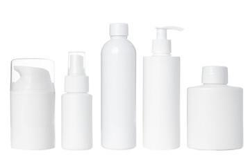 empty white plastic bottles for cosmetics on white background. Isolated