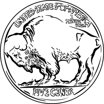Black And White American Money 5 Cent Coin, Reverse Of Buffalo Nickel With American Bison