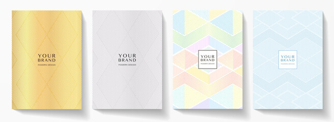 Modern cover design set. Abstract creative line pattern (geometric ornament) in gold, silver, blue, color block colors. Formal vector layout for notebook, business background, brochure template