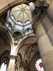 Clean minimalist Gothic interior style architecture inside Roman Catholic church or cathedral with...