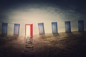 Decisive choice concept. Choose the right door for future success. Mysterious and surreal scene with multiple doorways in an open meadow and a pathway leading to a red gateway. Great life opportunity