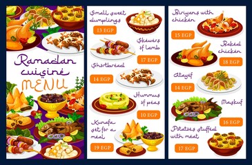 Ramadan cuisine menu, Iftar food and Islam meals for Eid Mubarak, vector religious fasting holiday dishes. Ramadan Kareem Iftar food menu in restaurant, Islamic traditional dishes, meat and desserts