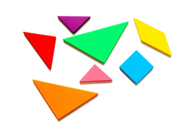 Color wood tangram puzzle in geometric shape wait to build on white background