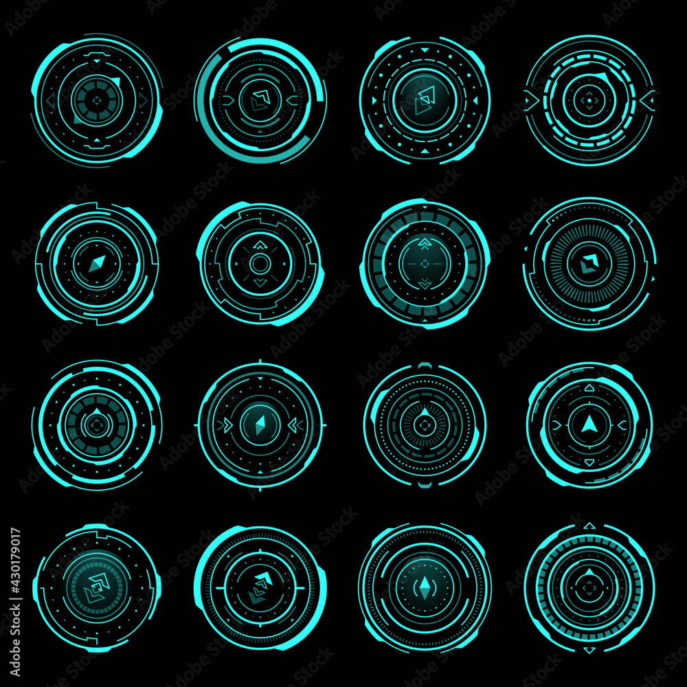 Poster HUD compass, aim control panel or navigation interface. Futuristic vector optical round aiming, sci-fi spaceship dashboard neon glowing elements. Modern techno display, digital focus indication set