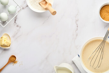 Preparation of dough for home pancakes for Breakfast or for Maslenitsa. Ingredients on the table...