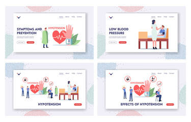 Hypotension, Health Medical Monitoring Landing Page Template Set. Tiny Characters at Huge Wrist Tonometer