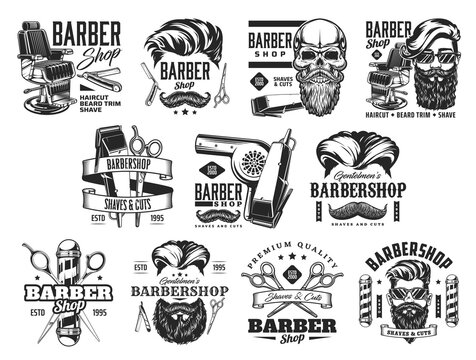 Barbershop vector icons with beard and hair barber shop pole, hipster man skull, razor or shave blade. Hairdresser chair, haircut clipper, mustache brush and scissors, gentleman grooming saloon design
