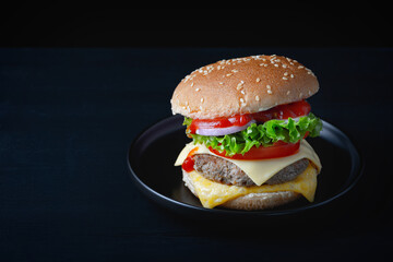Close-up home made beef burger on wooden table