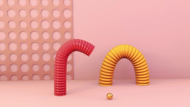 Geometry composition with animated cylinders, balls, disks. 3d rendering, seamless loop