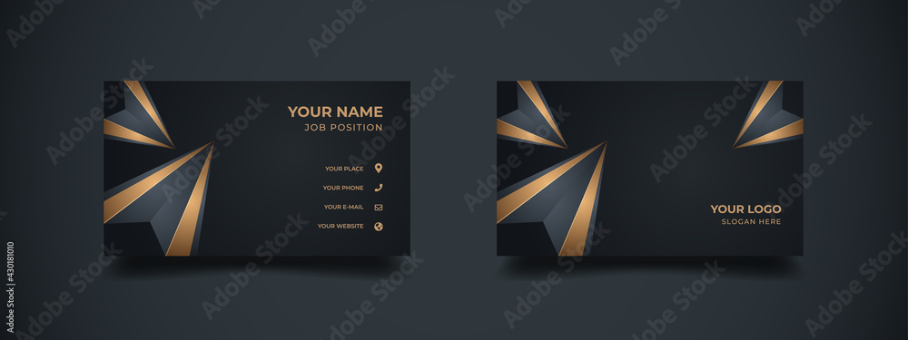 Poster business card with abstract 3d polygonal shape in elegant golden. abstract diamond background with t